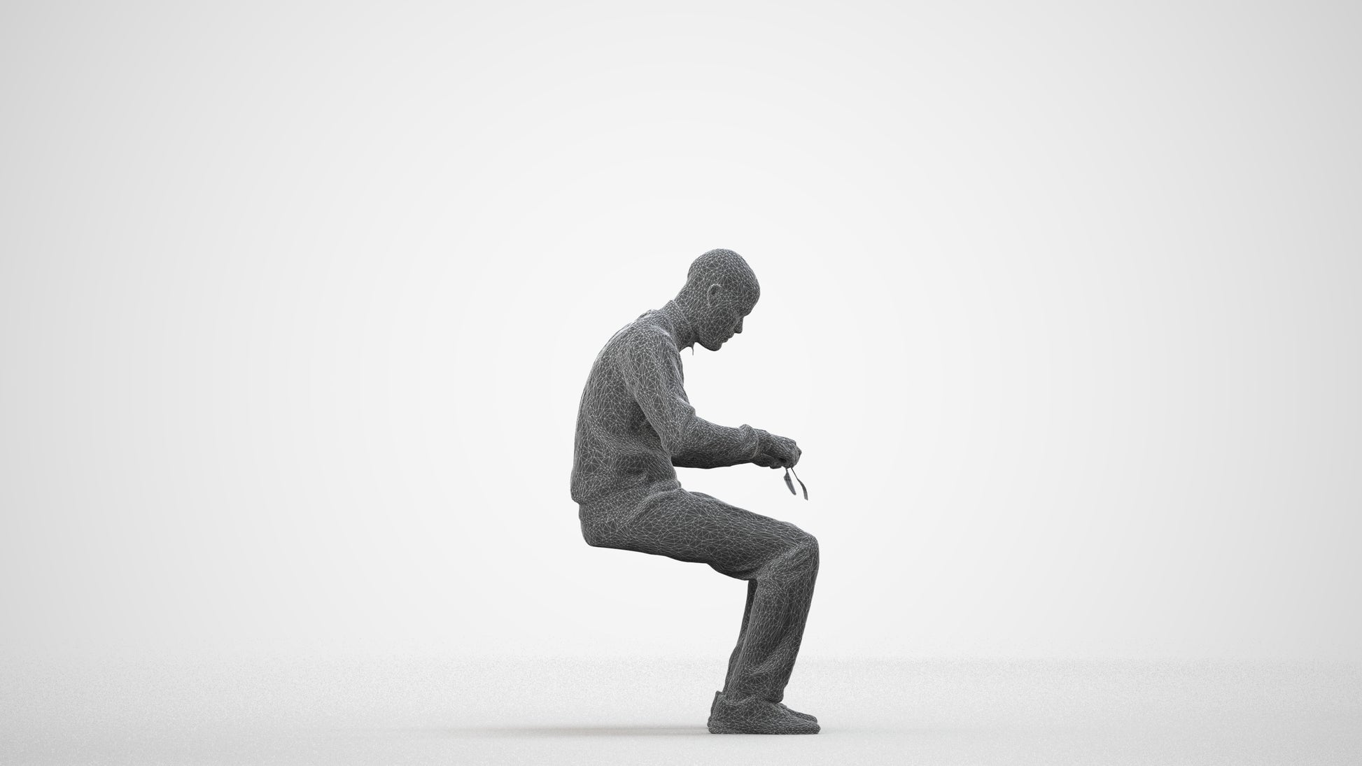 3D human model man casual sitting, photogrammetry scanned person for archviz, wireframe side view