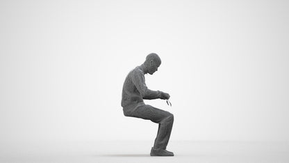 3D human model man casual sitting, photogrammetry scanned person for archviz, wireframe side view