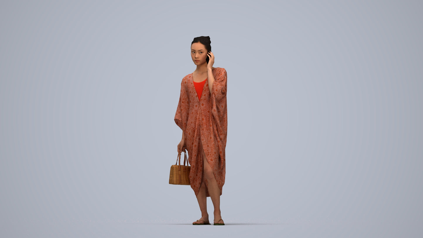 3D human model woman standing, photogrammetry scanned person for archviz, top-down view render
