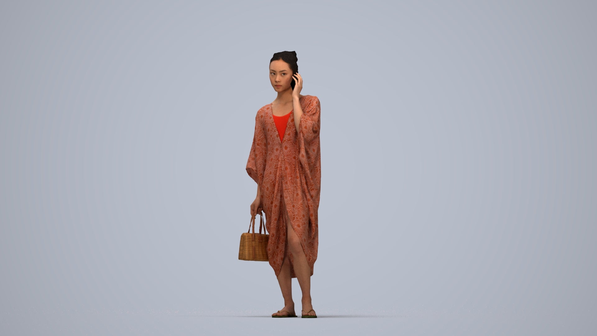 3D human model woman standing, photogrammetry scanned person for archviz, top-down view render