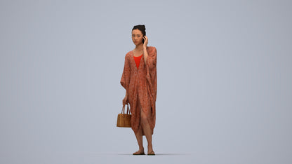 3D human model woman standing, photogrammetry scanned person for archviz, top-down view render