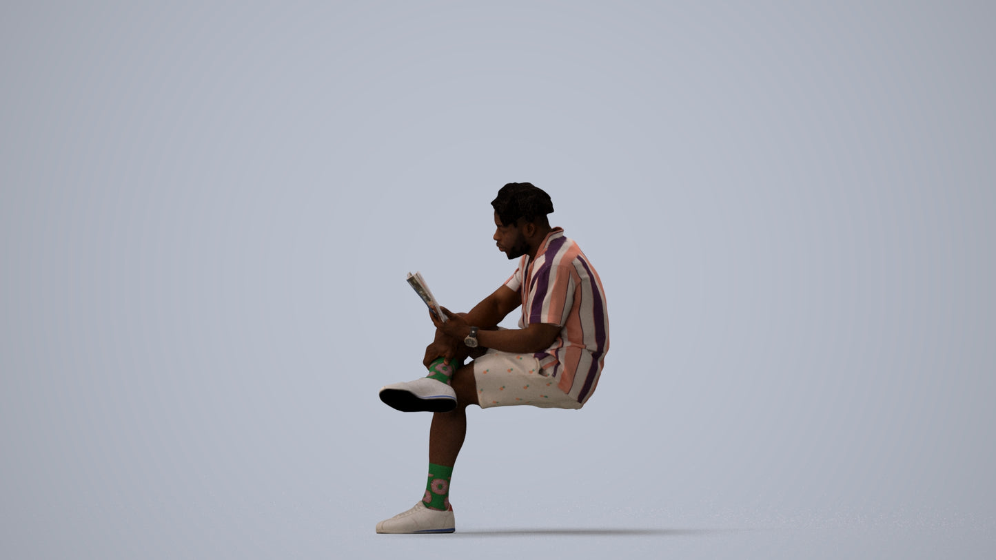 scanned 3D man casual sitting, photogrammetry people for Enscape and V-Ray, three-quarter view render