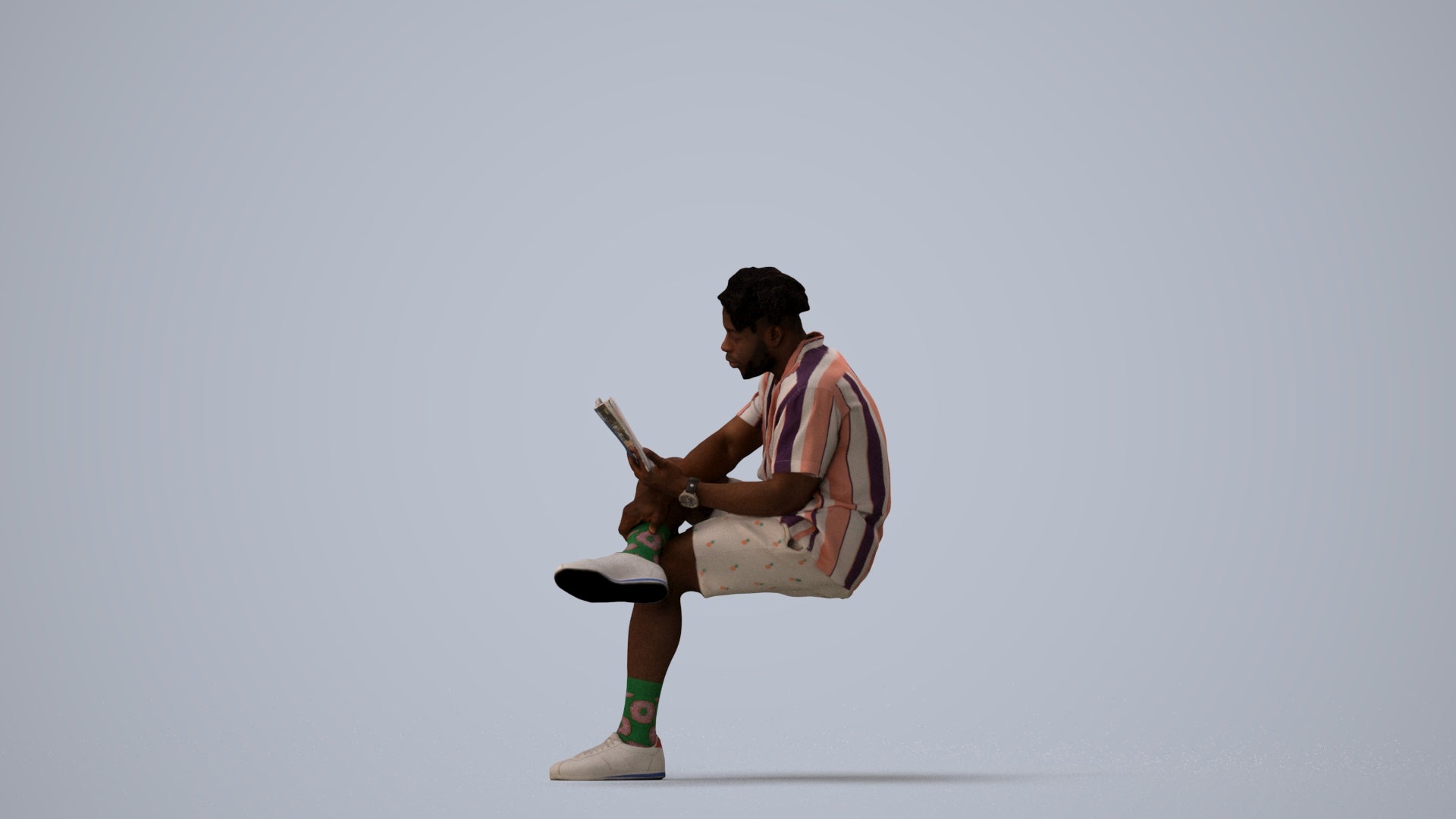 scanned 3D man casual sitting, photogrammetry people for Enscape and V-Ray, three-quarter view render