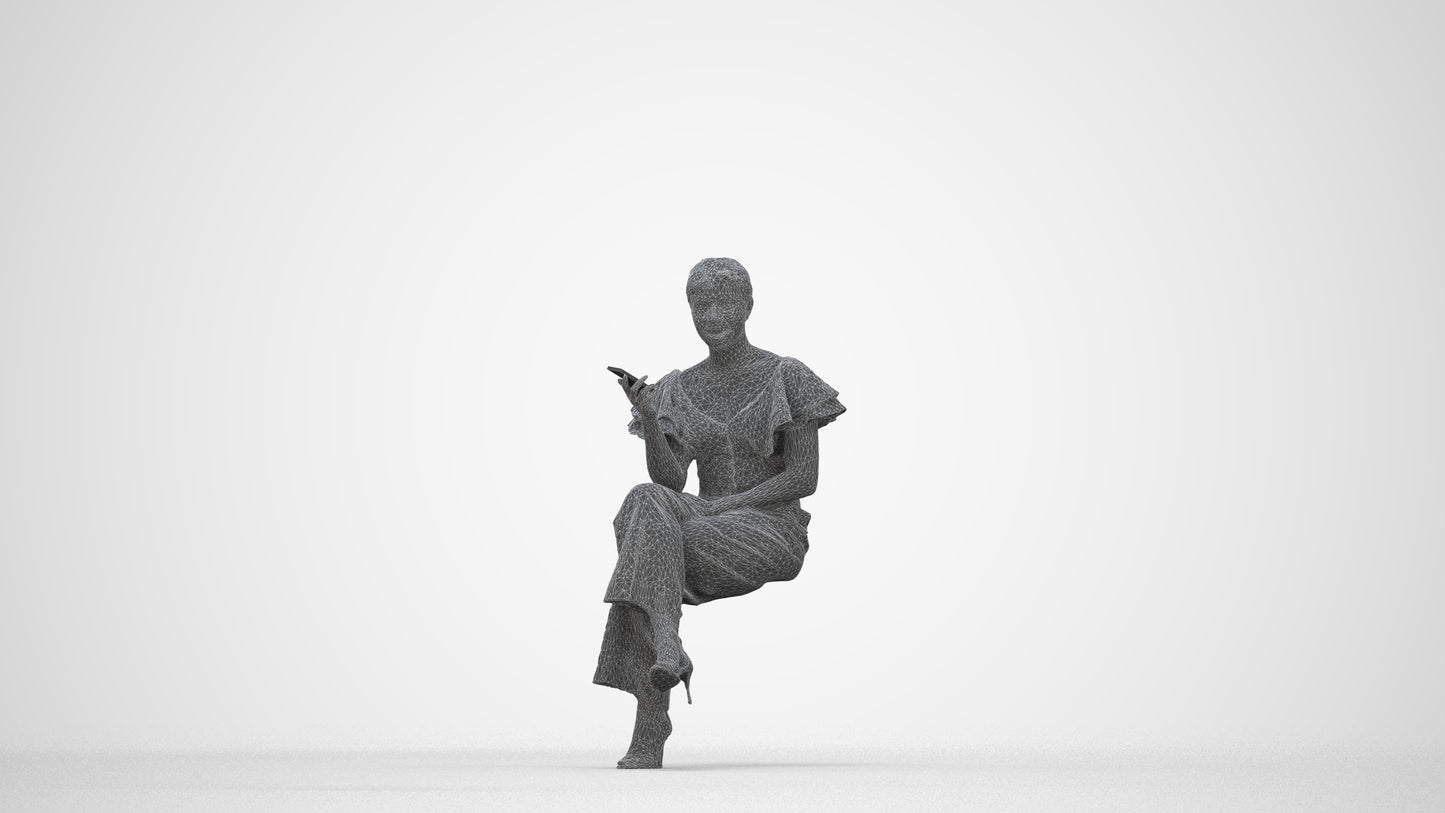 scanned 3D woman business sitting, photogrammetry people for Enscape and V-Ray, wireframe back view