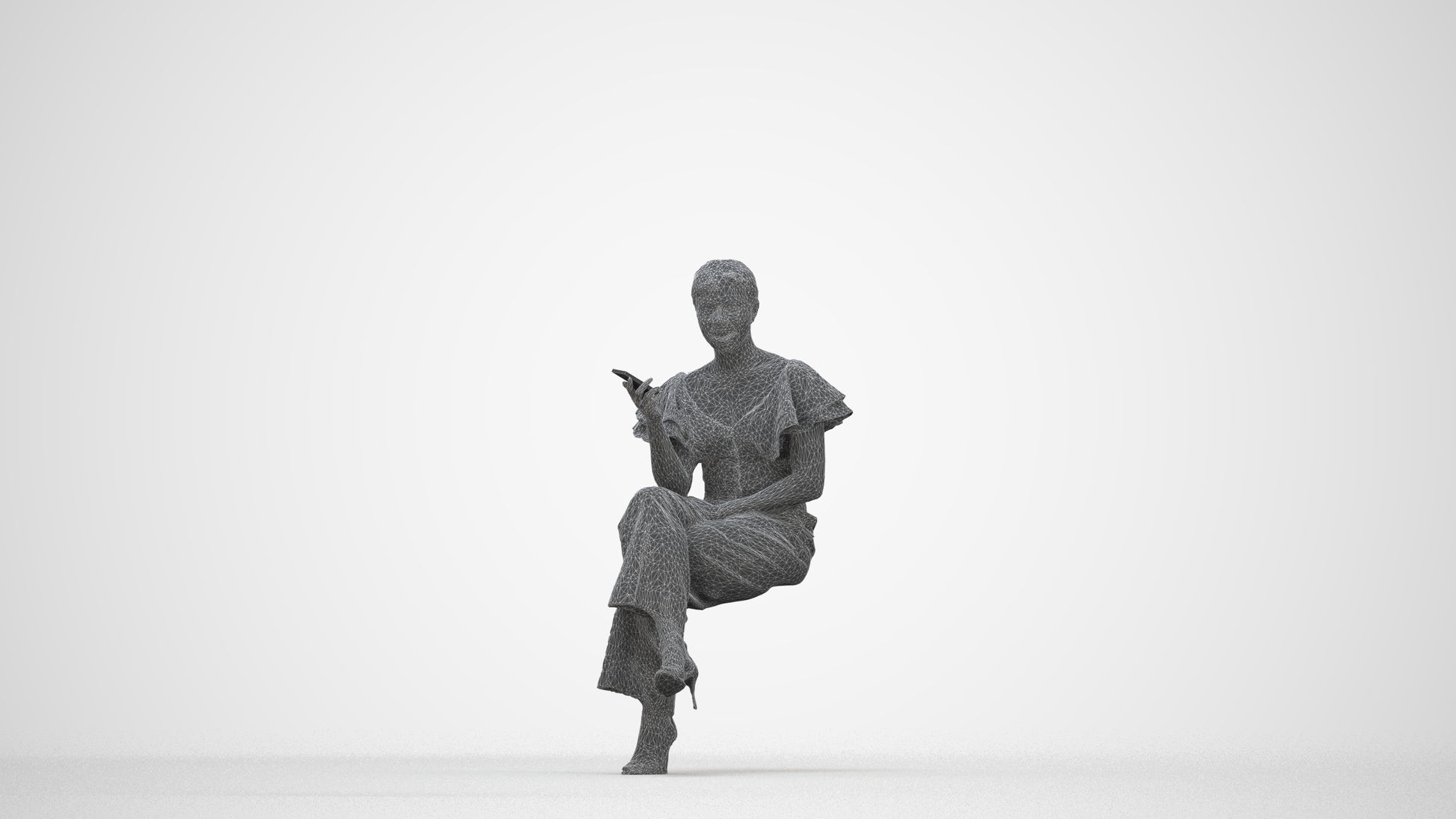 scanned 3D woman business sitting, photogrammetry people for Enscape and V-Ray, wireframe back view