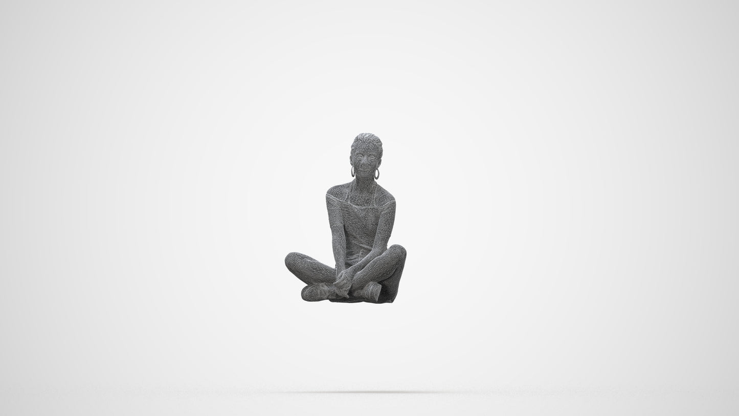 scanned 3D woman casual sitting, photogrammetry people for Enscape and V-Ray, wireframe back view