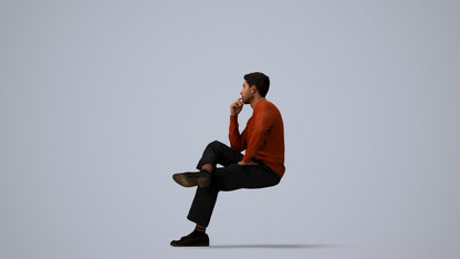 3D human model man casual sitting, photogrammetry scanned person for archviz, three-quarter view render