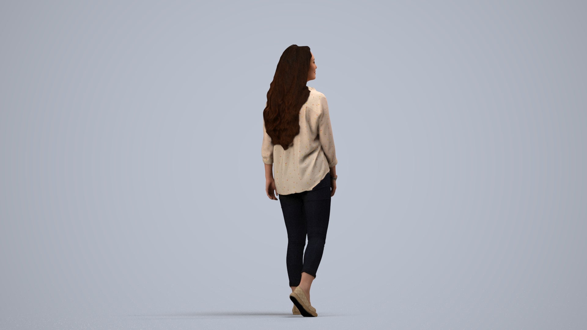 realistic 3D human woman casual walking, archviz people FBX OBJ for Blender, side view render