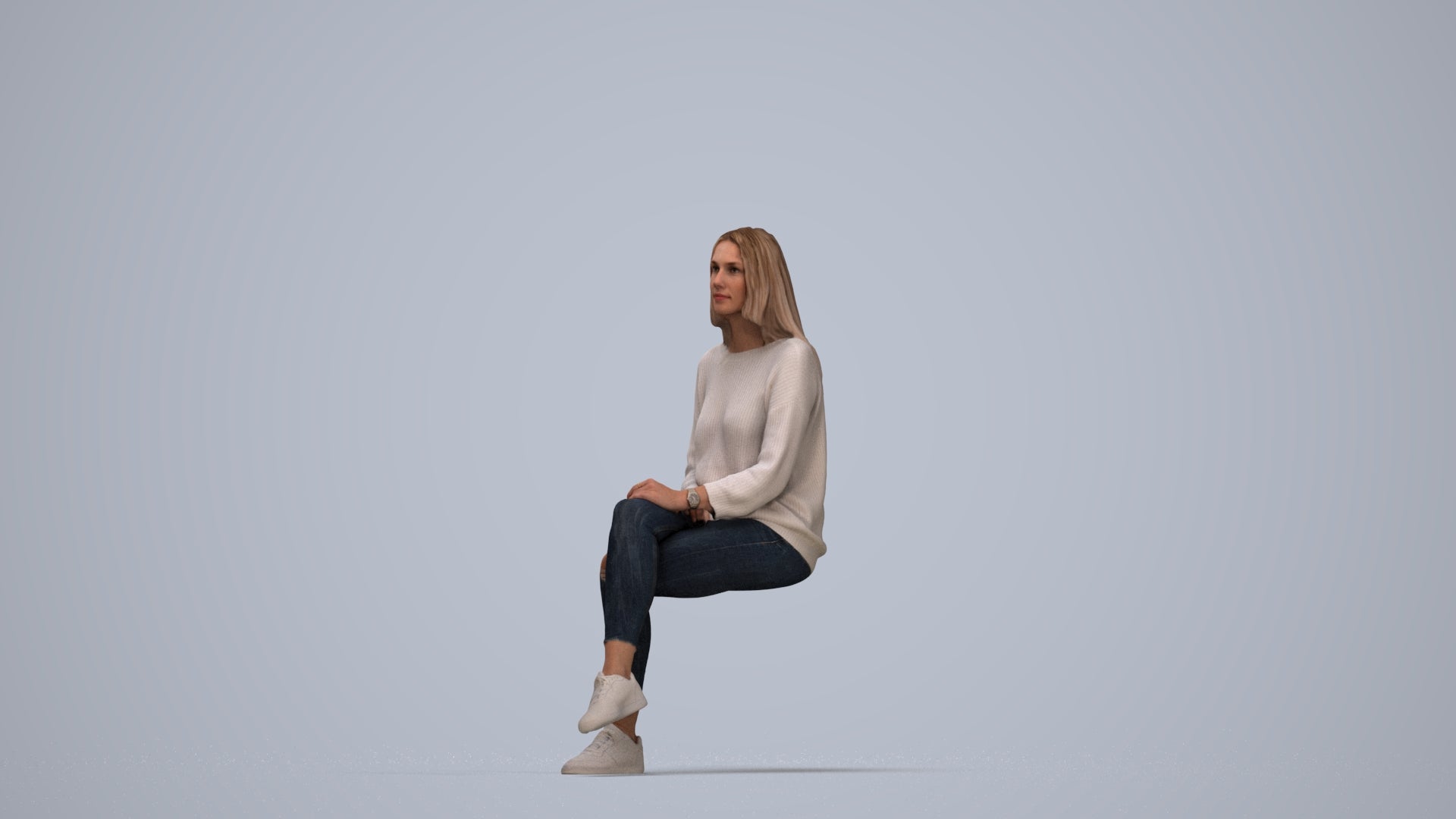 realistic 3D human woman casual sitting, archviz people FBX OBJ for Blender, top-down view render