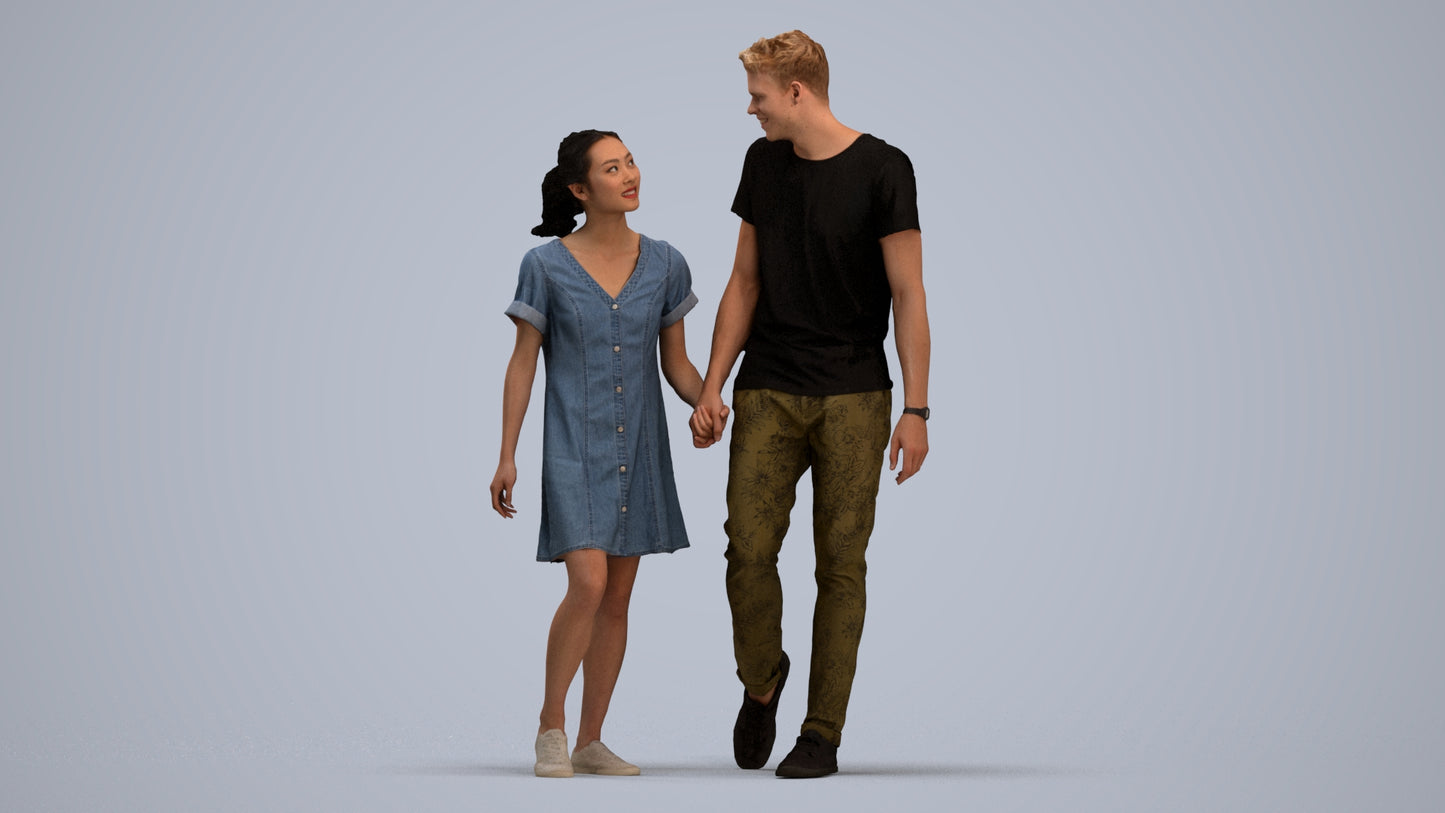 3D people model woman casual couple, scanned human for 3ds Max rendering, standing pose render