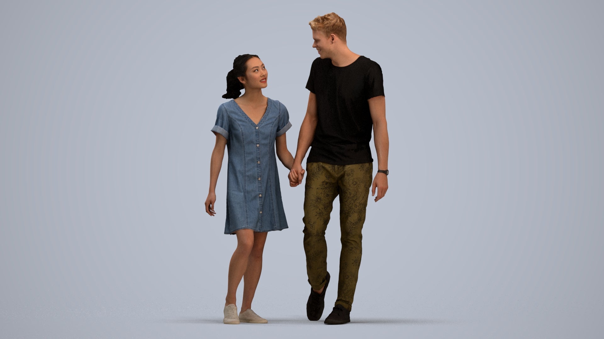 3D people model woman casual couple, scanned human for 3ds Max rendering, standing pose render