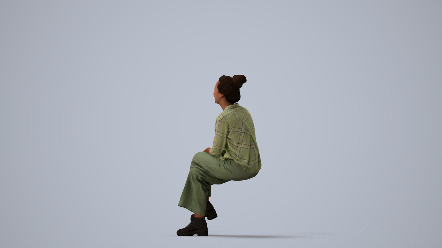 photogrammetry 3D woman casual sitting, realistic human model archviz FBX, three-quarter view render