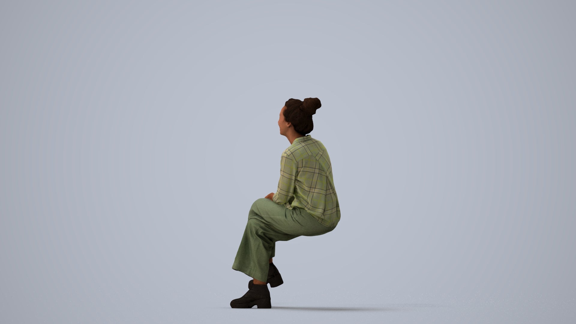 photogrammetry 3D woman casual sitting, realistic human model archviz FBX, three-quarter view render