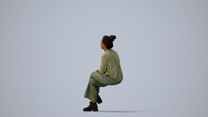photogrammetry 3D woman casual sitting, realistic human model archviz FBX, three-quarter view render