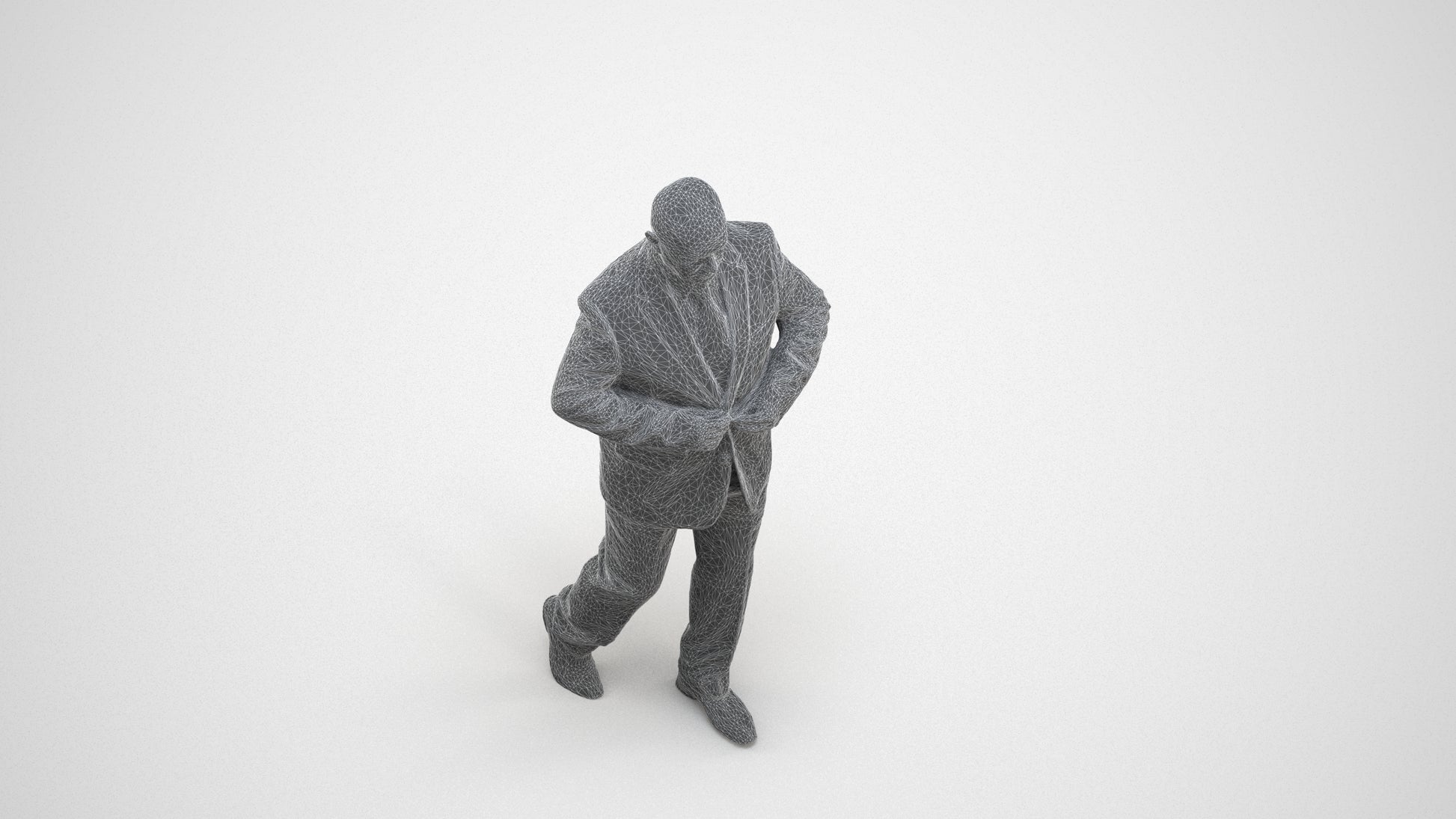 3D human model senior man business mix, photogrammetry scanned person for archviz, wireframe three-quarter view