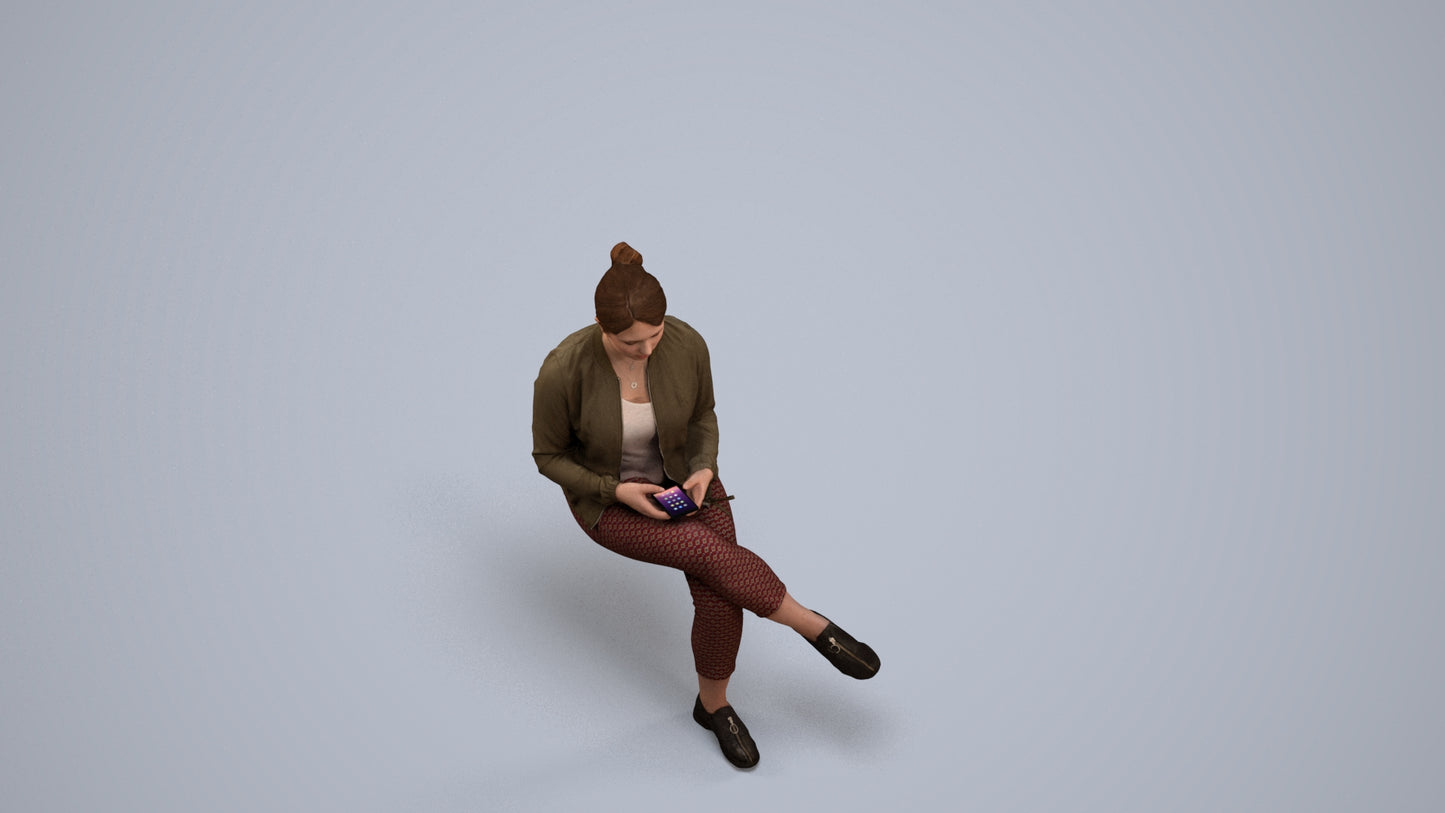 scanned 3D woman casual sitting, photogrammetry people for Enscape and V-Ray, back view render