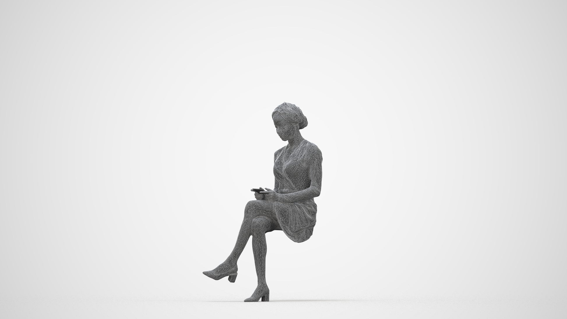 realistic 3D woman casual sitting, scanned archviz people for Blender and 3ds Max, wireframe back view