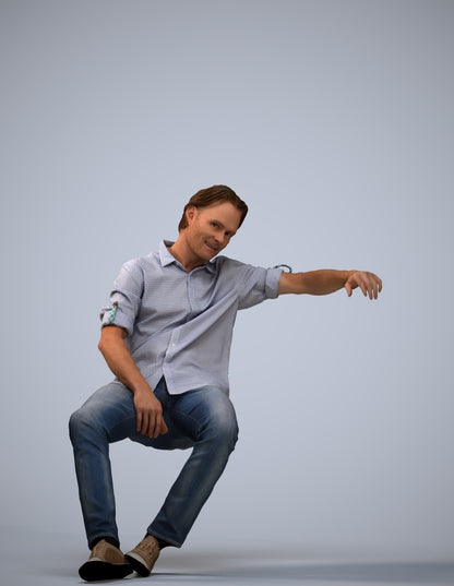 3D human model man casual sitting, photogrammetry scanned person for archviz
