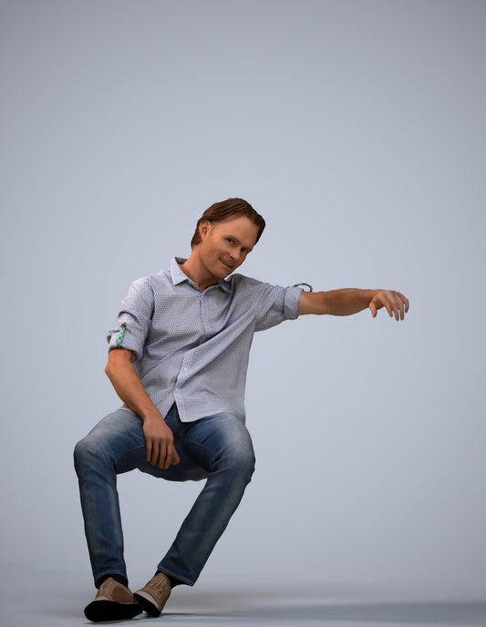 3D human model man casual sitting, photogrammetry scanned person for archviz