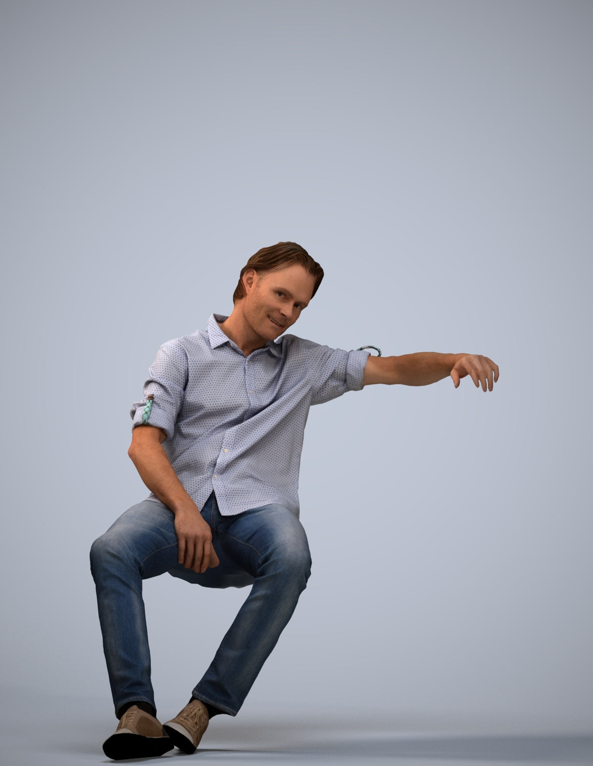3D human model man casual sitting, photogrammetry scanned person for archviz