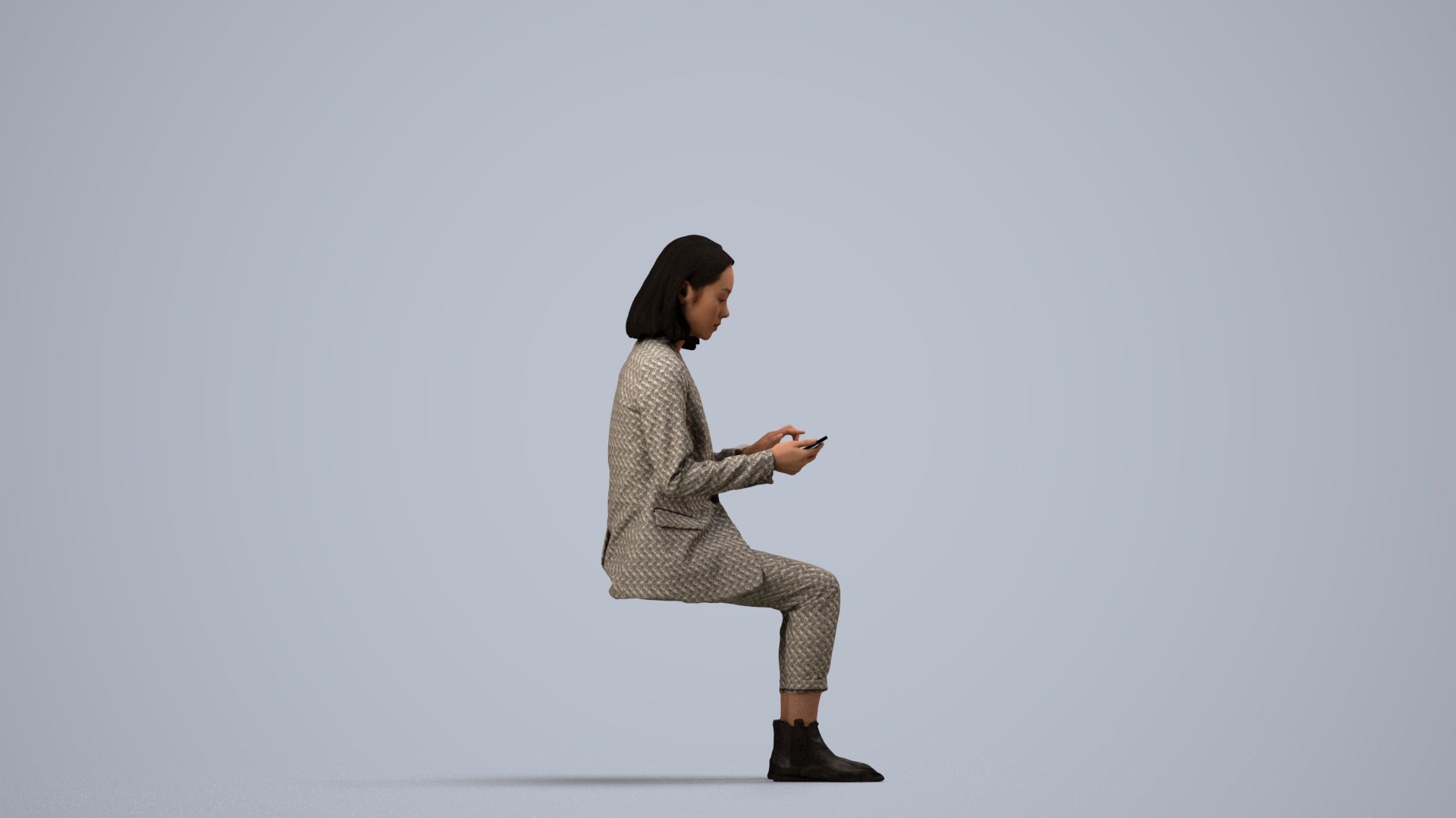 realistic 3D human woman business, archviz people FBX OBJ for Blender, side view render