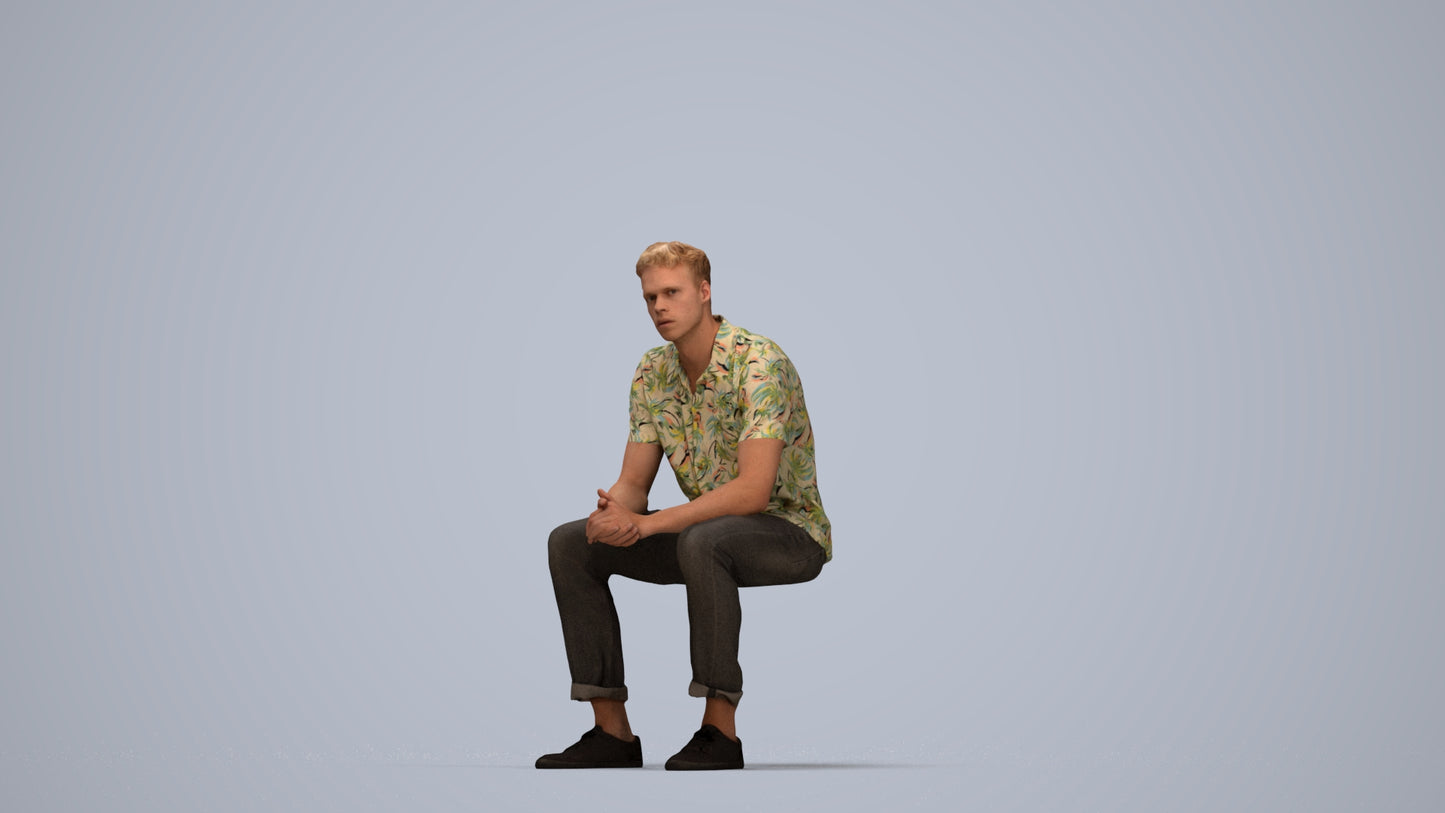 3D scanned man sitting casual, photorealistic archviz people for Enscape and SketchUp, top-down view render