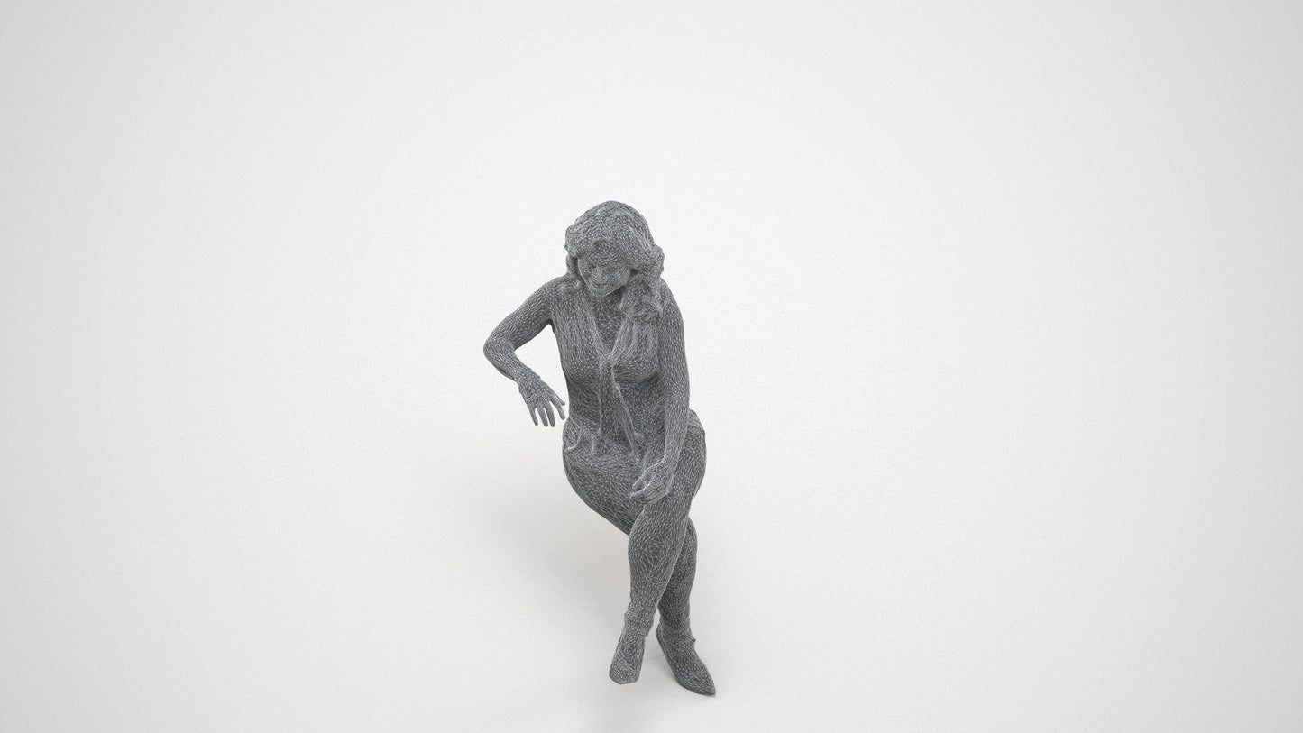 realistic 3D human woman casual sitting, archviz people FBX OBJ for Blender, wireframe three-quarter view