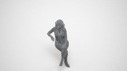 realistic 3D human woman casual sitting, archviz people FBX OBJ for Blender, wireframe three-quarter view