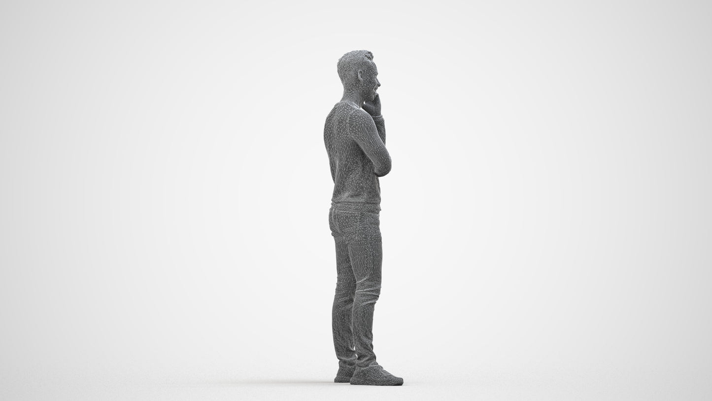 3D human model man casual standing, photogrammetry scanned person for archviz, wireframe side view