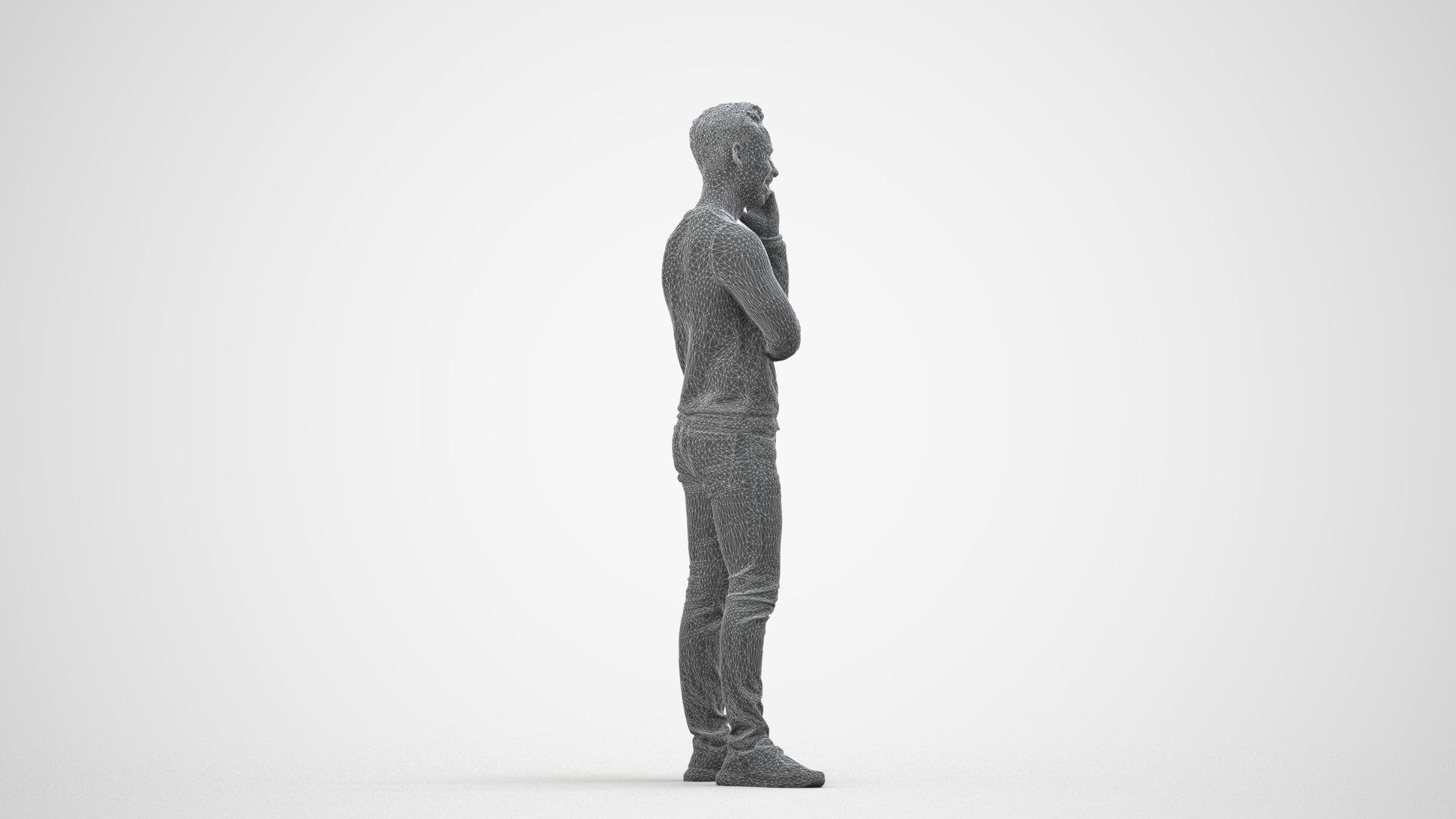 3D human model man casual standing, photogrammetry scanned person for archviz, wireframe side view