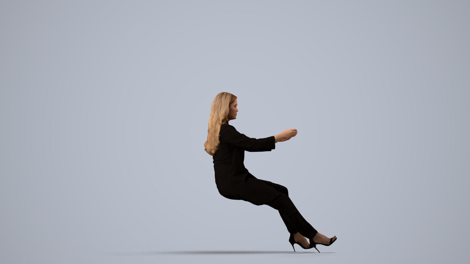 3D human model woman business sitting, photogrammetry scanned person for archviz, side view render