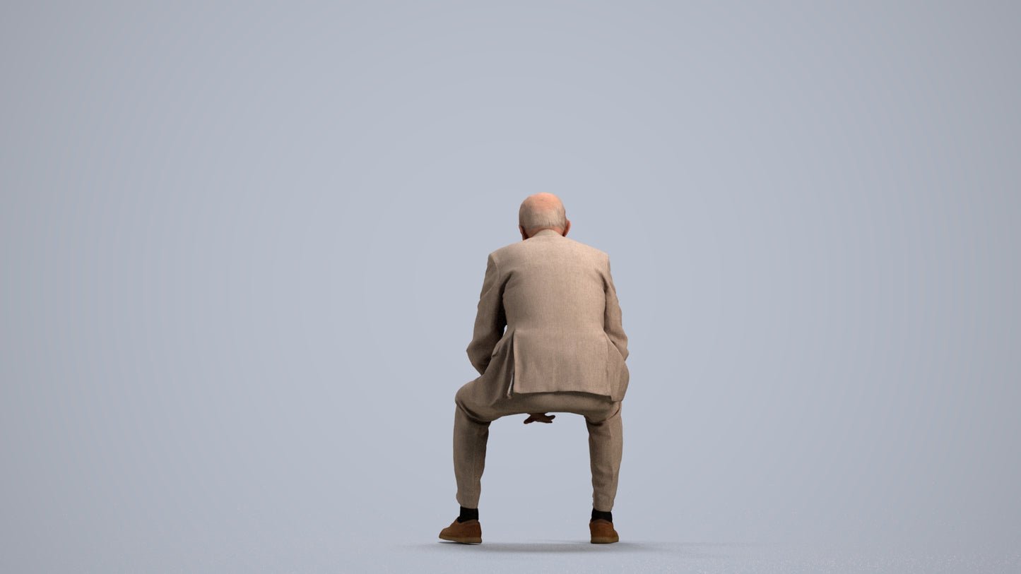 3D human model senior man business sitting, photogrammetry scanned person for archviz, front view render