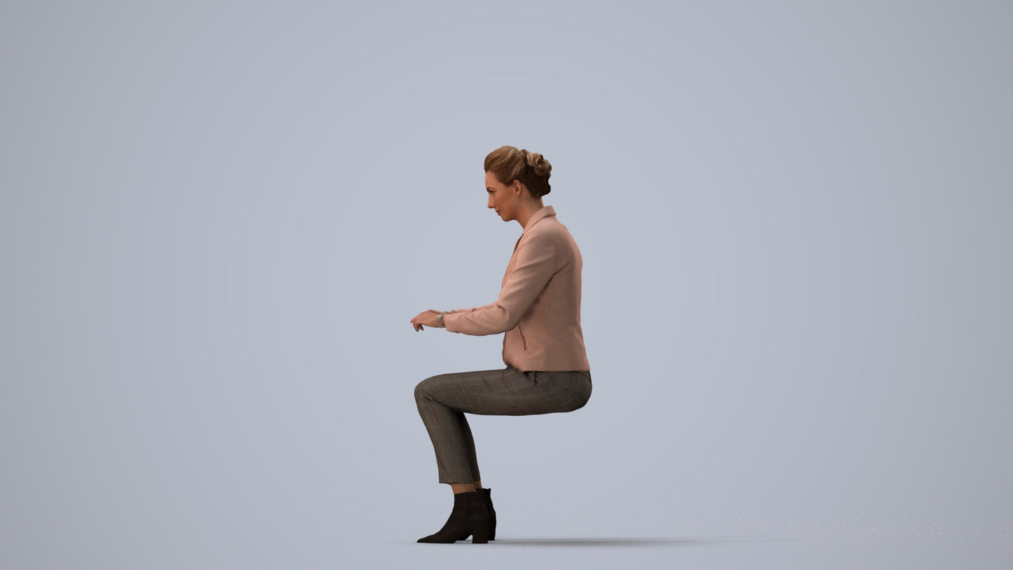 3D human model woman business, photogrammetry scanned person for archviz, three-quarter view render
