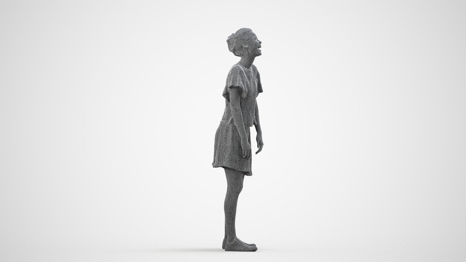3D scanned woman standing casual, photorealistic archviz people for Enscape and SketchUp, wireframe side view