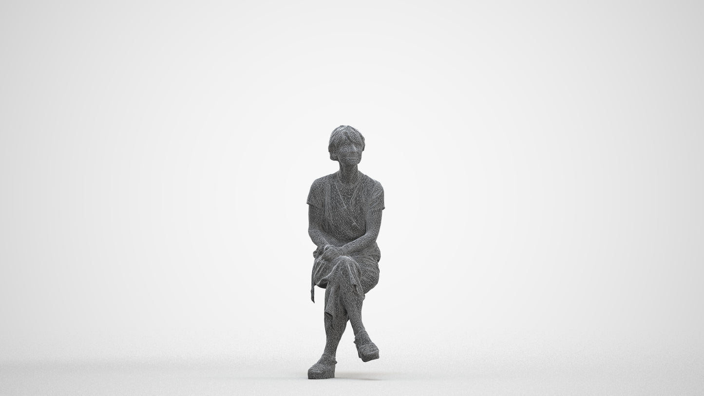 realistic 3D senior woman casual sitting, scanned archviz people for Blender and 3ds Max, three-quarter front view render