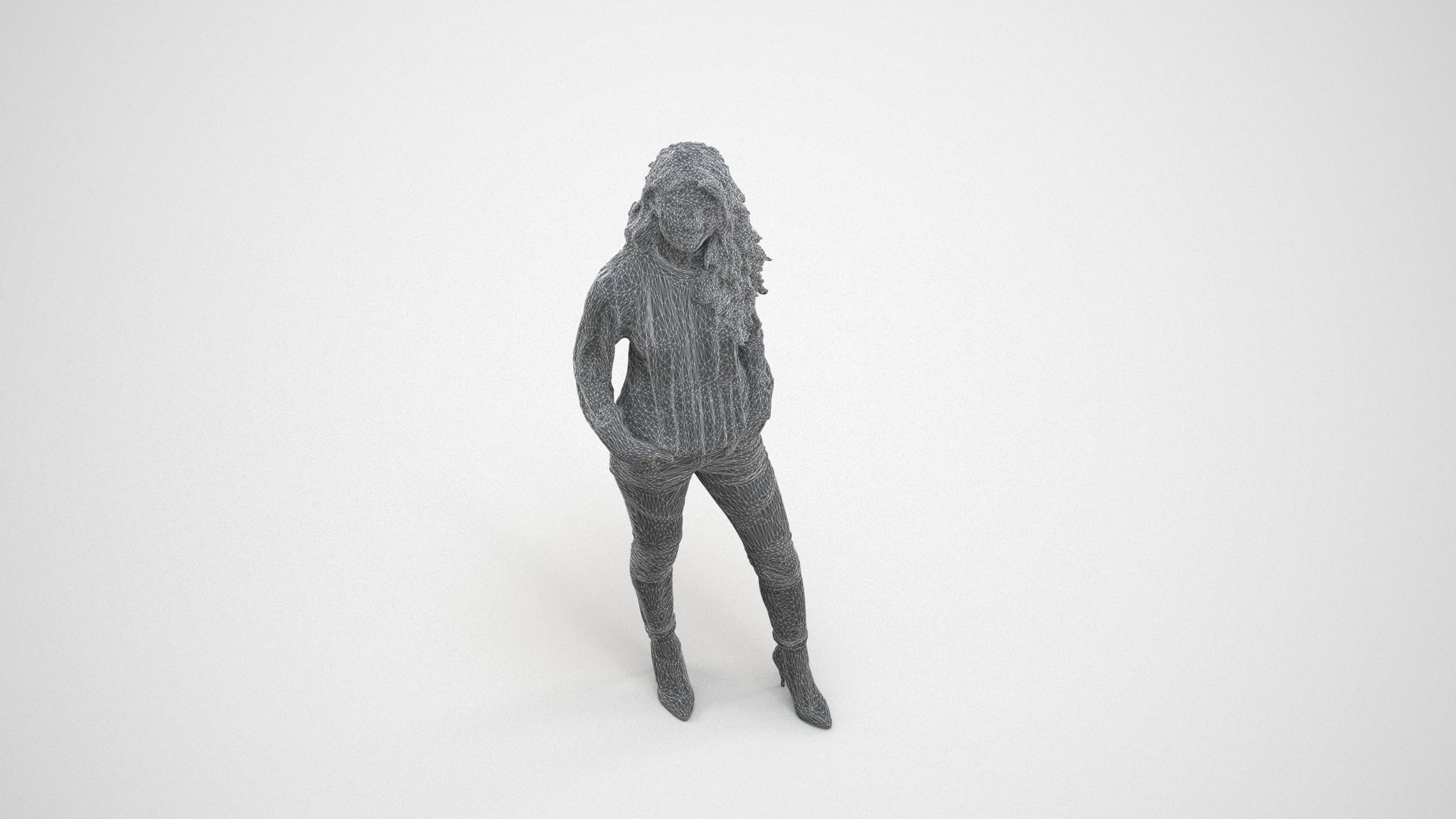 realistic 3D people woman casual standing, render-ready for V-Ray and Corona, FBX OBJ, wireframe three-quarter view