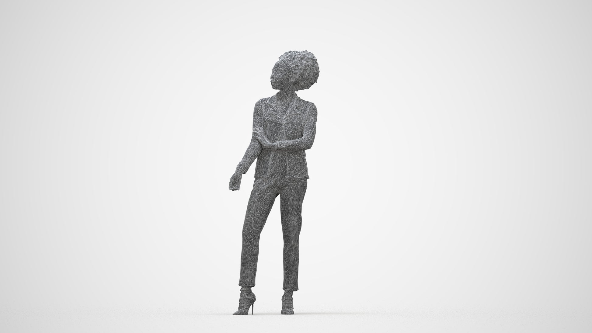3D scanned woman standing business, photorealistic archviz people for Enscape and SketchUp, wireframe back view