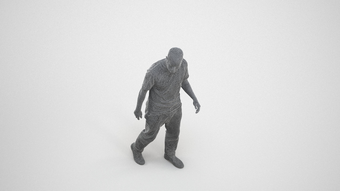 photogrammetry 3D man casual walking, realistic human model archviz FBX, wireframe three-quarter view