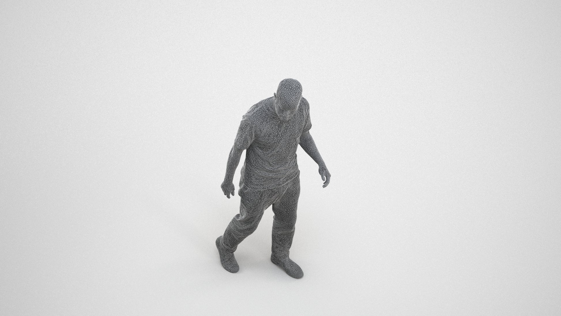 photogrammetry 3D man casual walking, realistic human model archviz FBX, wireframe three-quarter view