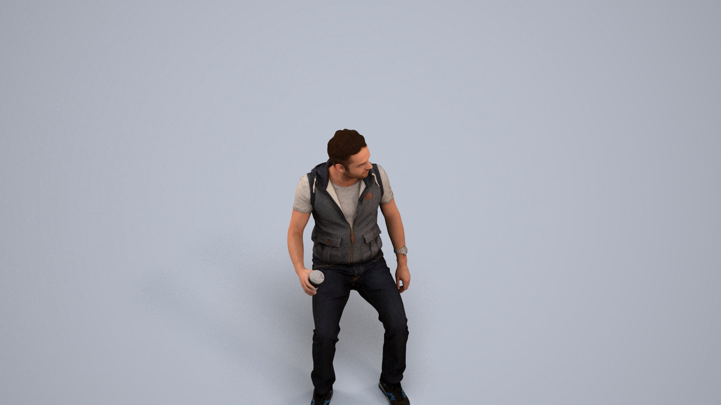 realistic 3D human man casual sitting, archviz people FBX OBJ for Blender, back view render