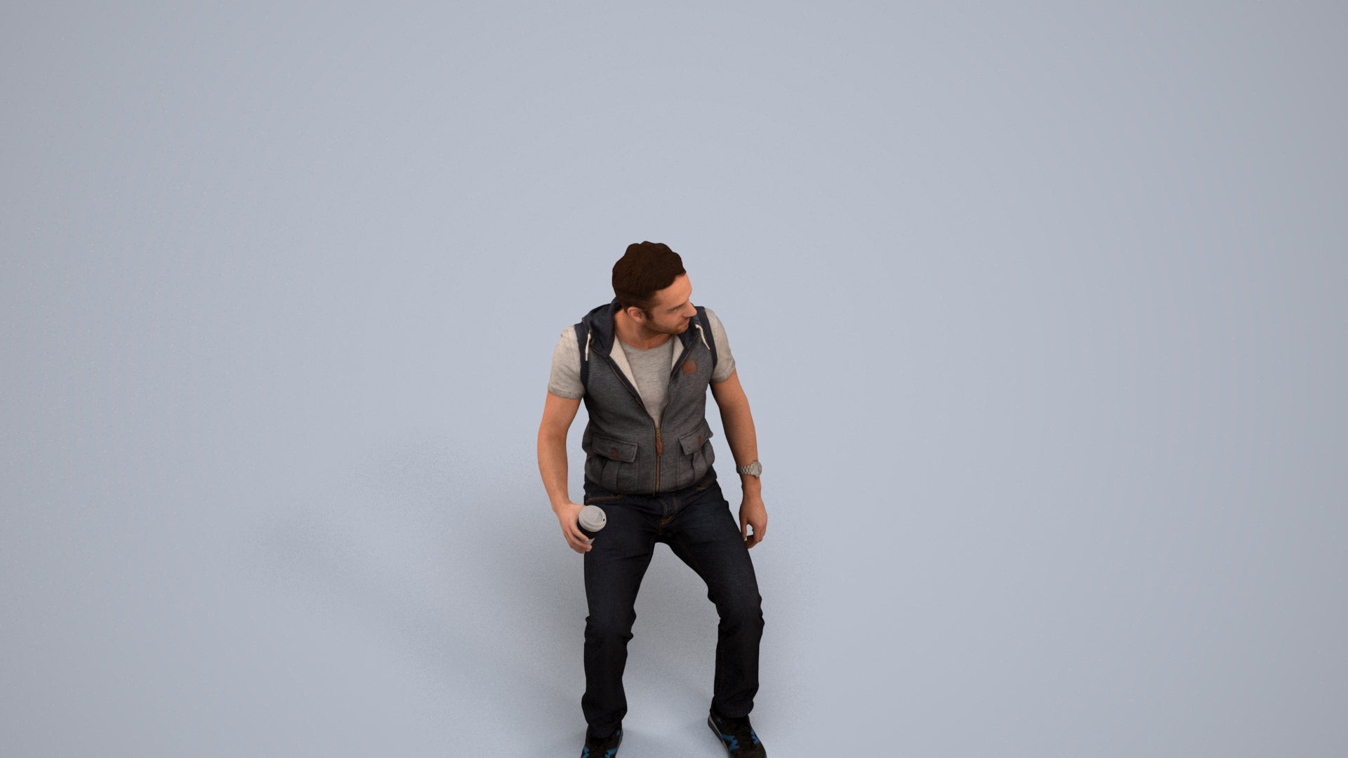 realistic 3D human man casual sitting, archviz people FBX OBJ for Blender, back view render