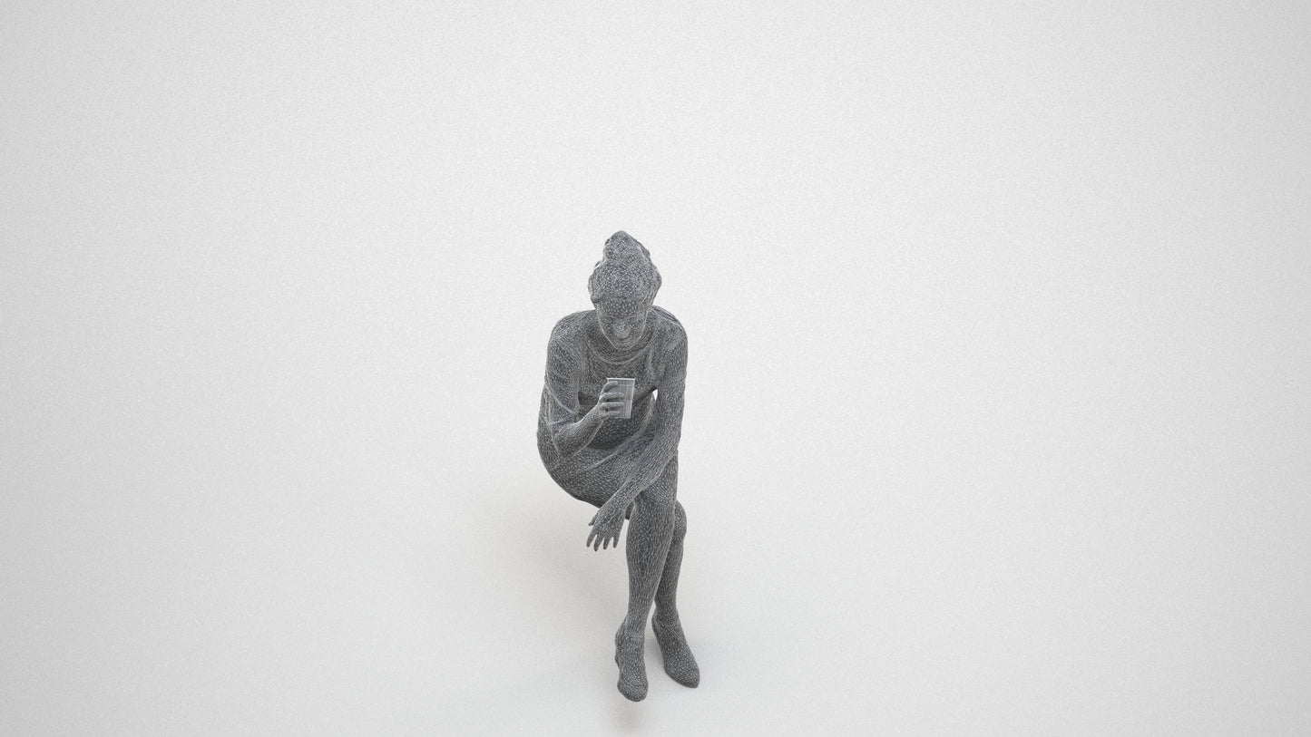 scanned 3D woman casual sitting, photogrammetry people for Enscape and V-Ray, wireframe three-quarter view