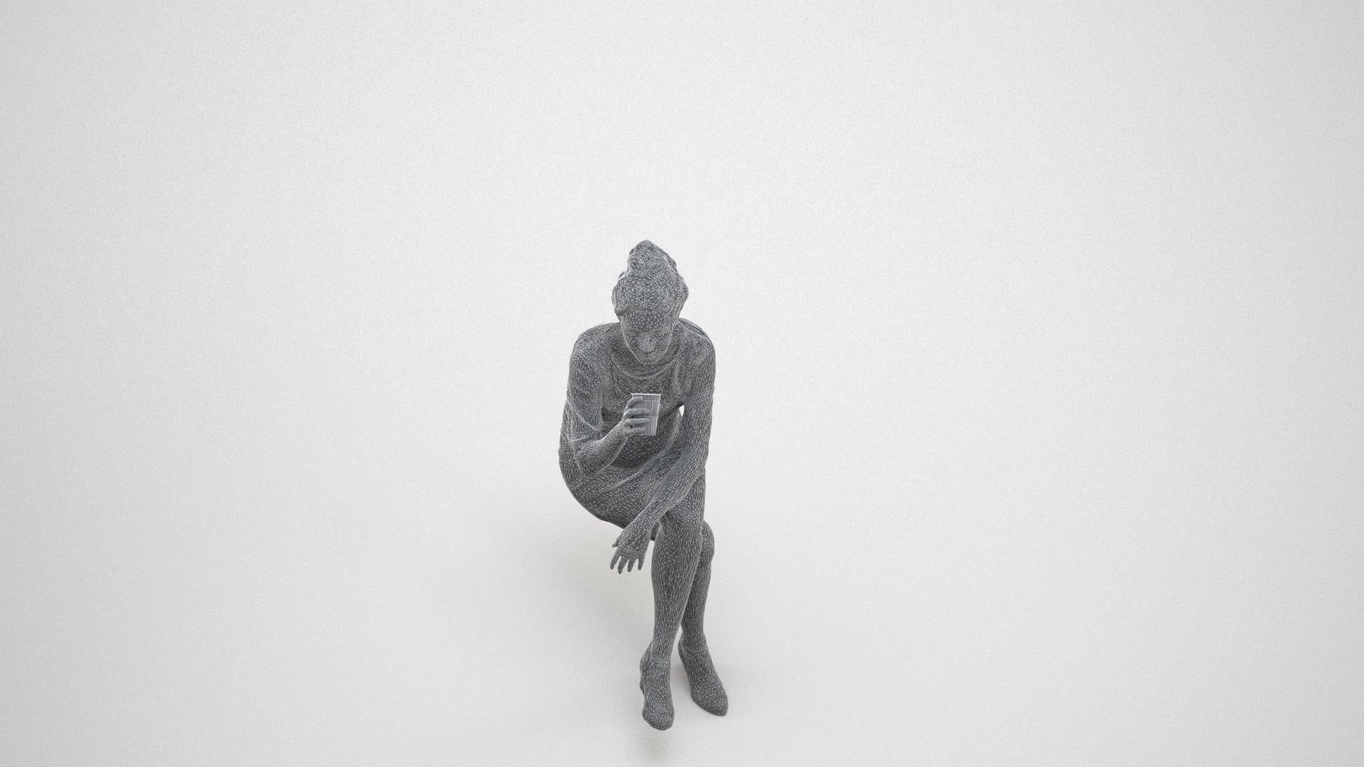 scanned 3D woman casual sitting, photogrammetry people for Enscape and V-Ray, wireframe three-quarter view