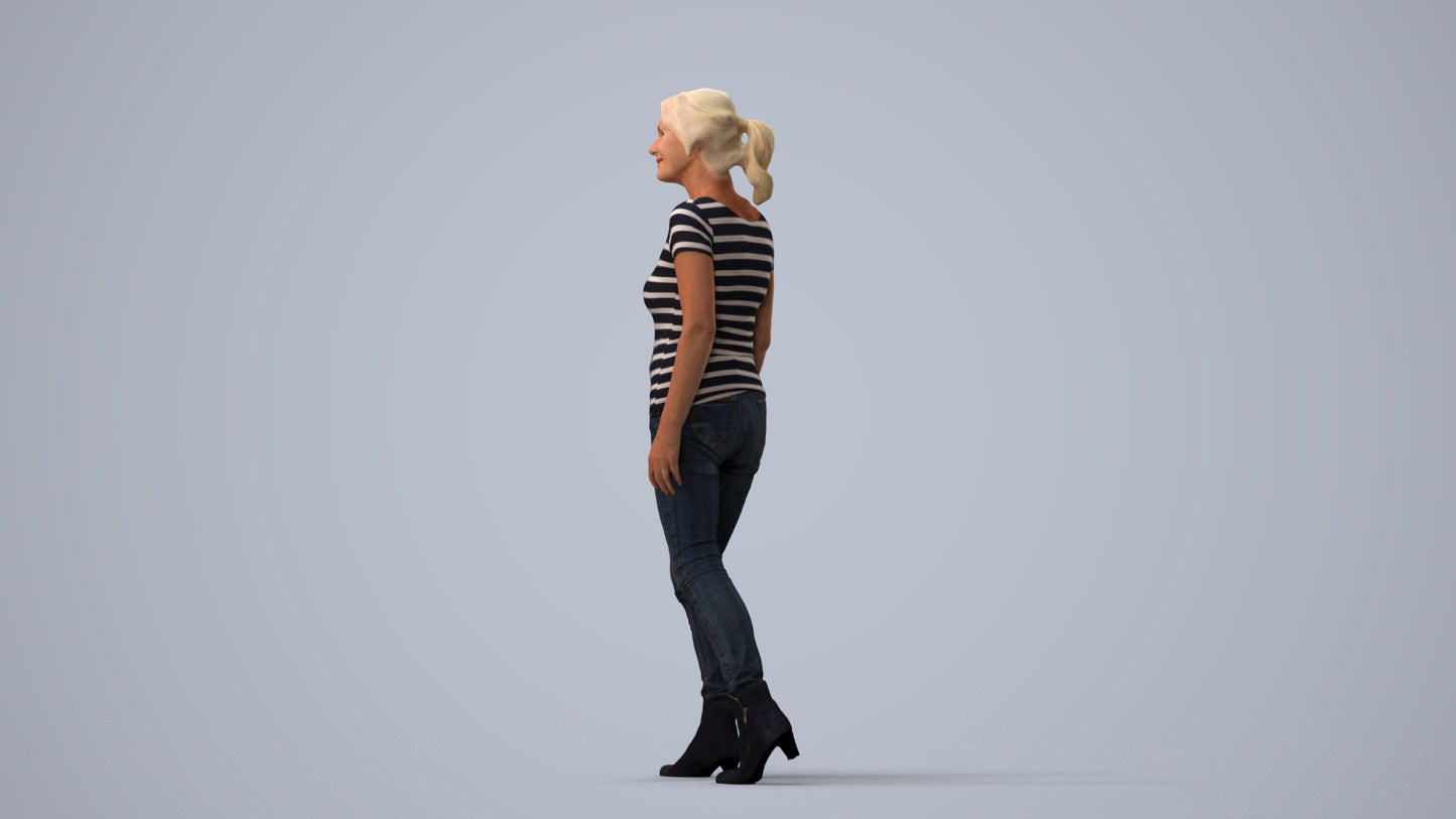 realistic 3D people senior woman casual walking, render-ready for V-Ray and Corona, FBX OBJ, three-quarter view render