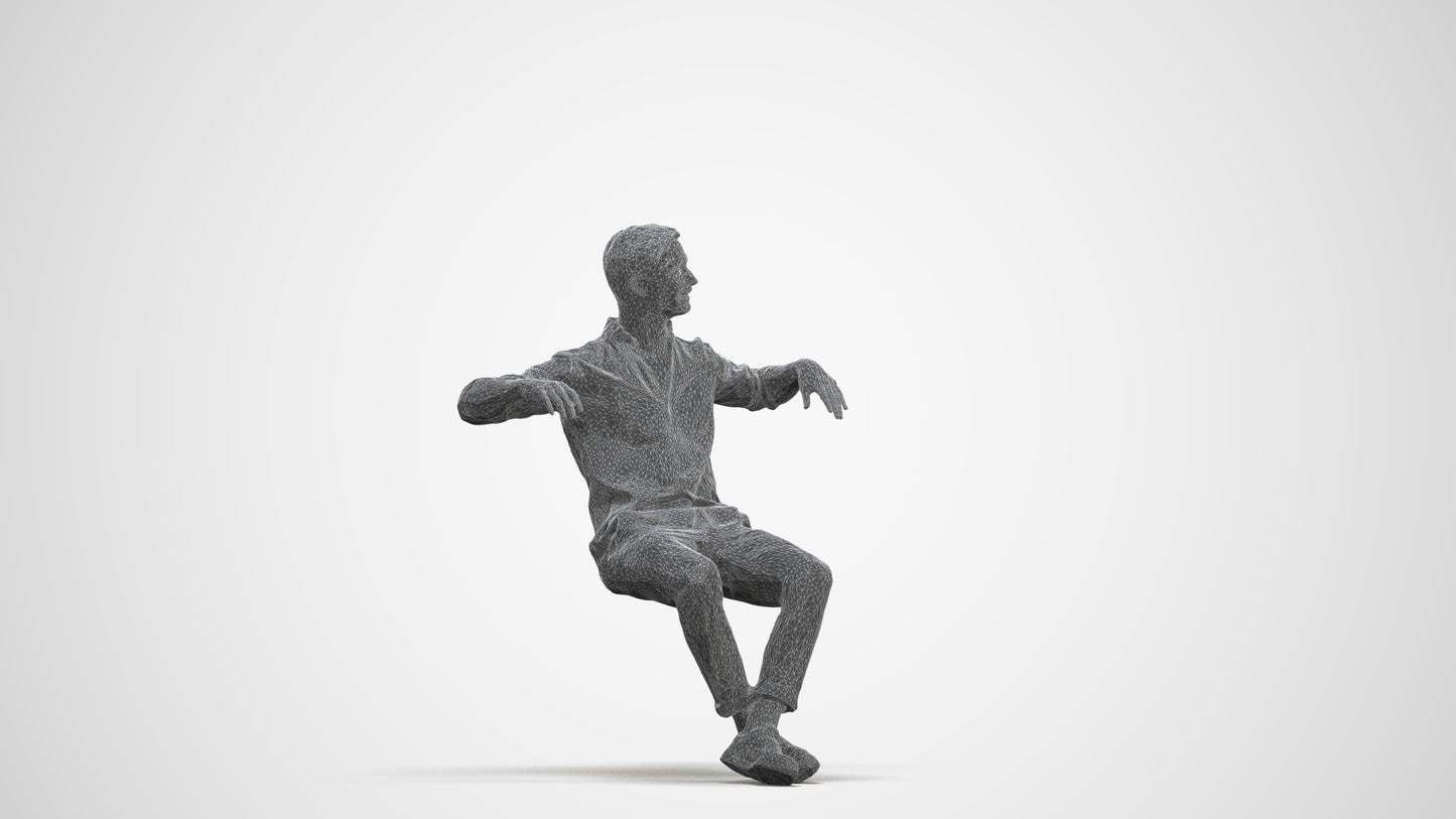 realistic 3D man casual sitting, scanned archviz people for Blender and 3ds Max, three-quarter front view render