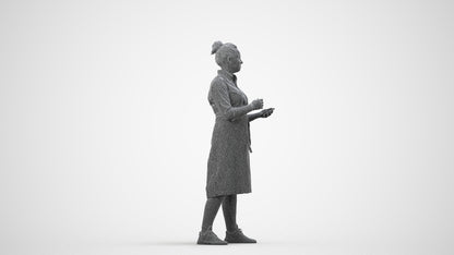 3D human model woman standing, photogrammetry scanned person for archviz, wireframe side view