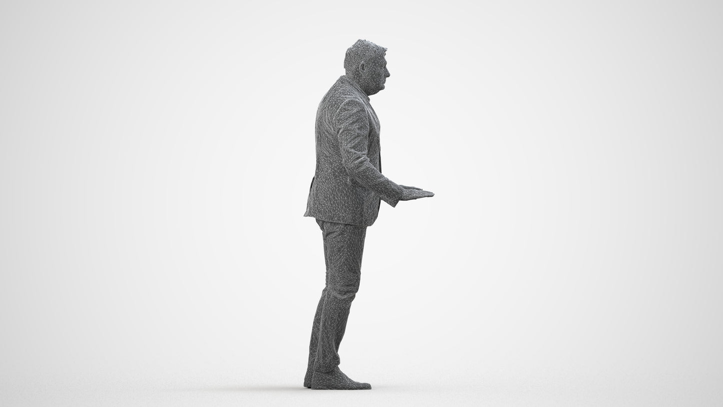 3D people model man business standing, scanned human for 3ds Max rendering, wireframe side view