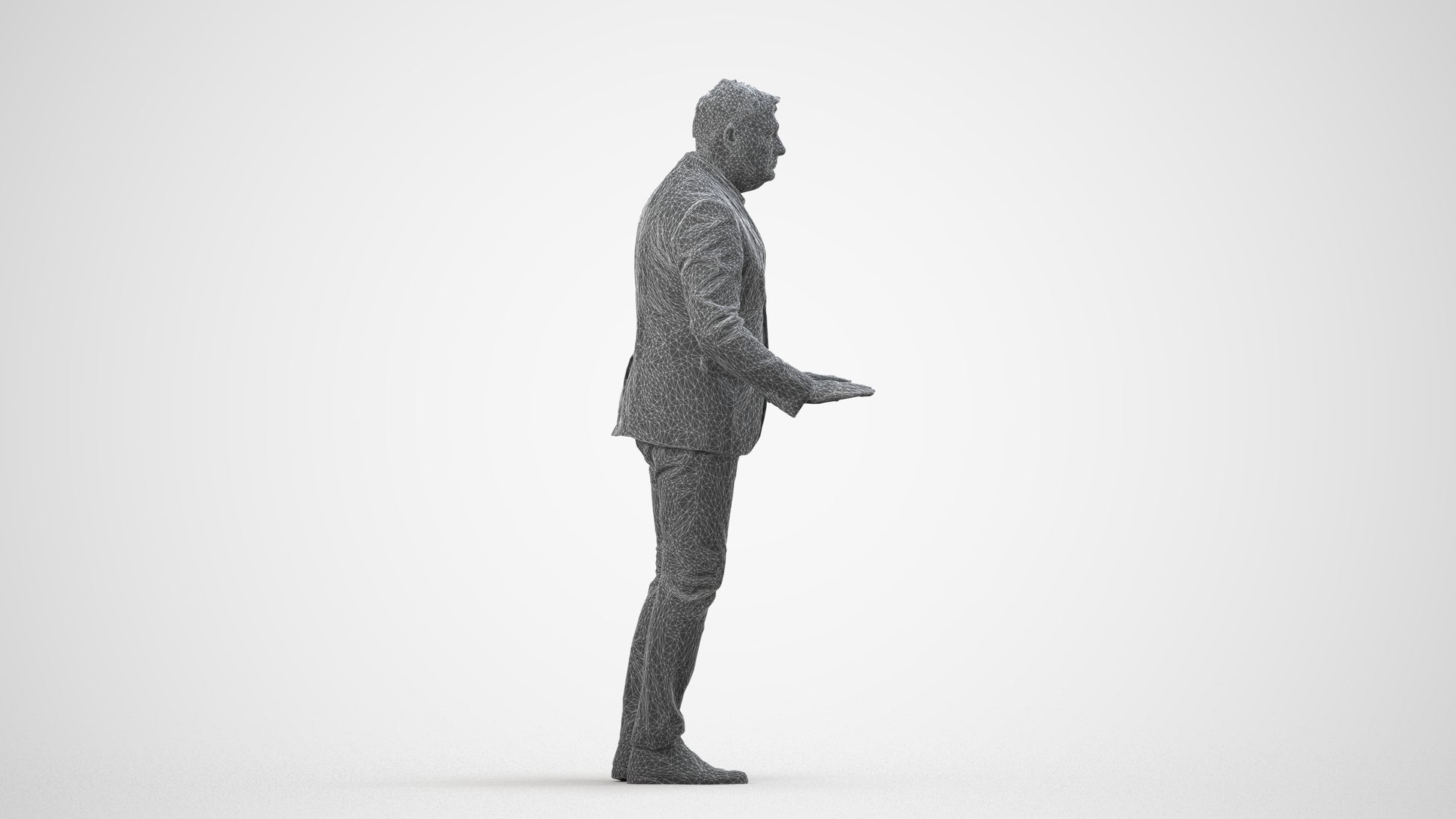 3D people model man business standing, scanned human for 3ds Max rendering, wireframe side view