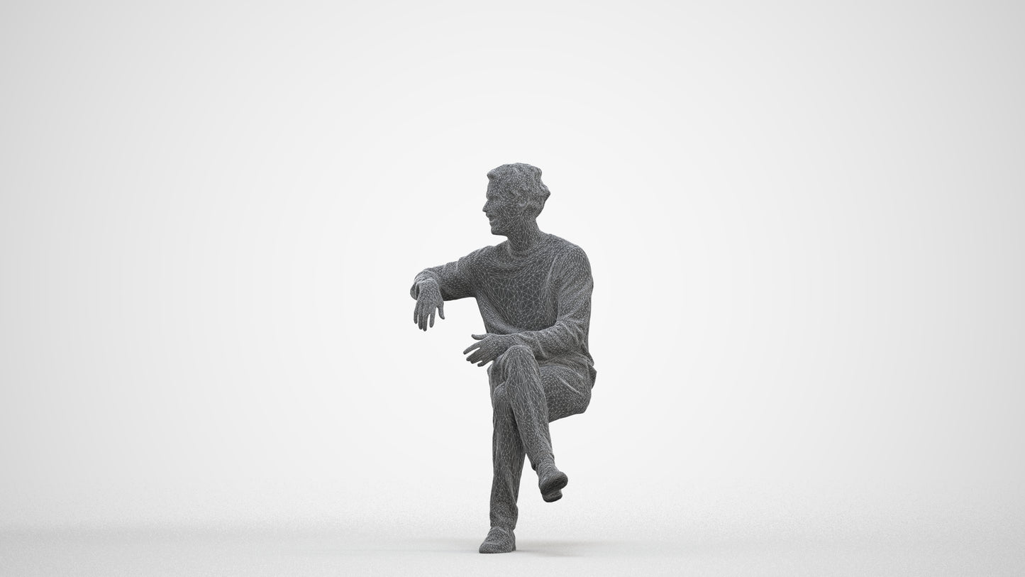 scanned 3D man casual sitting, photogrammetry people for Enscape and V-Ray, three-quarter front view render