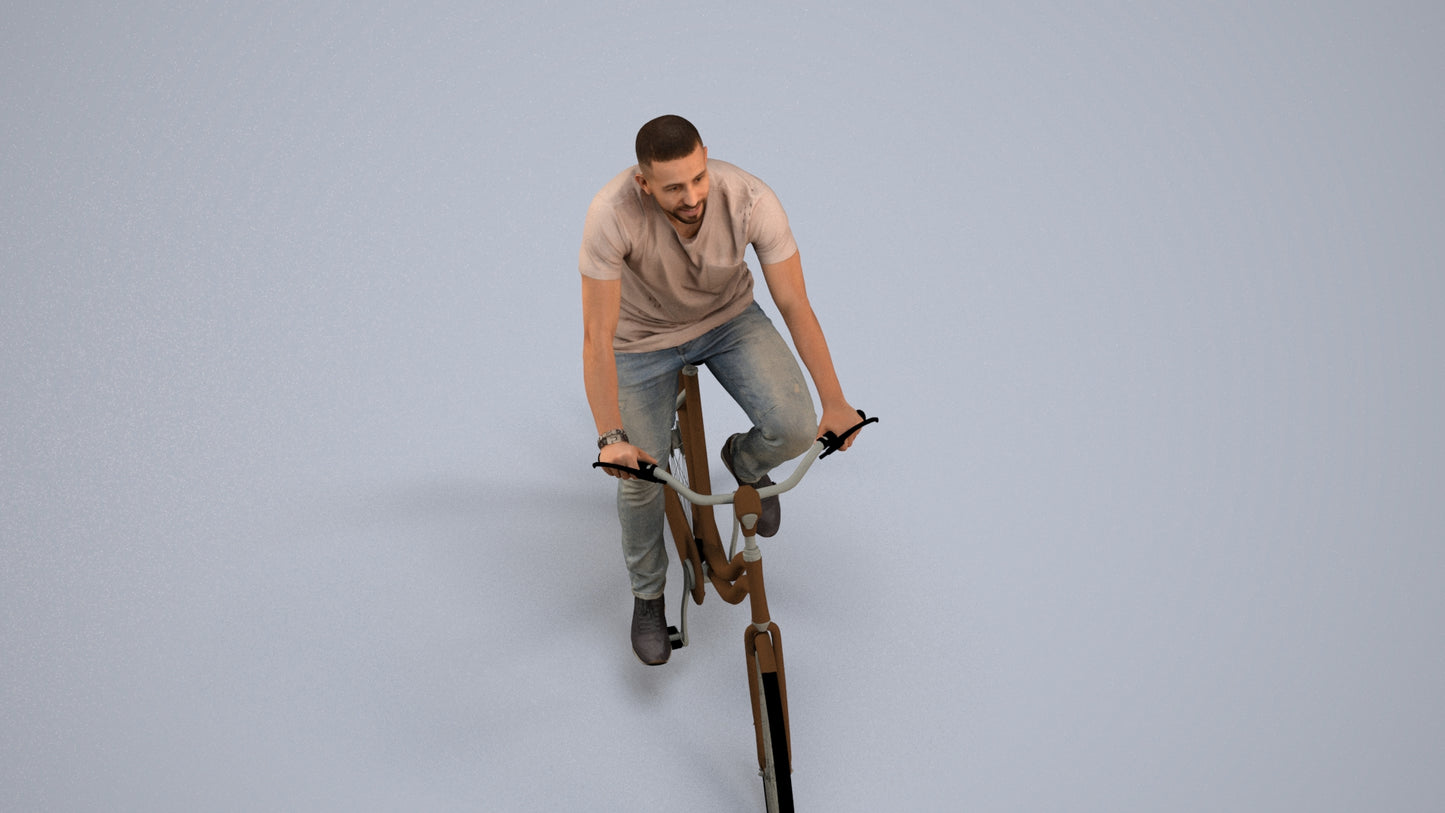photogrammetry 3D man casual cycling, realistic human model archviz FBX, back view render